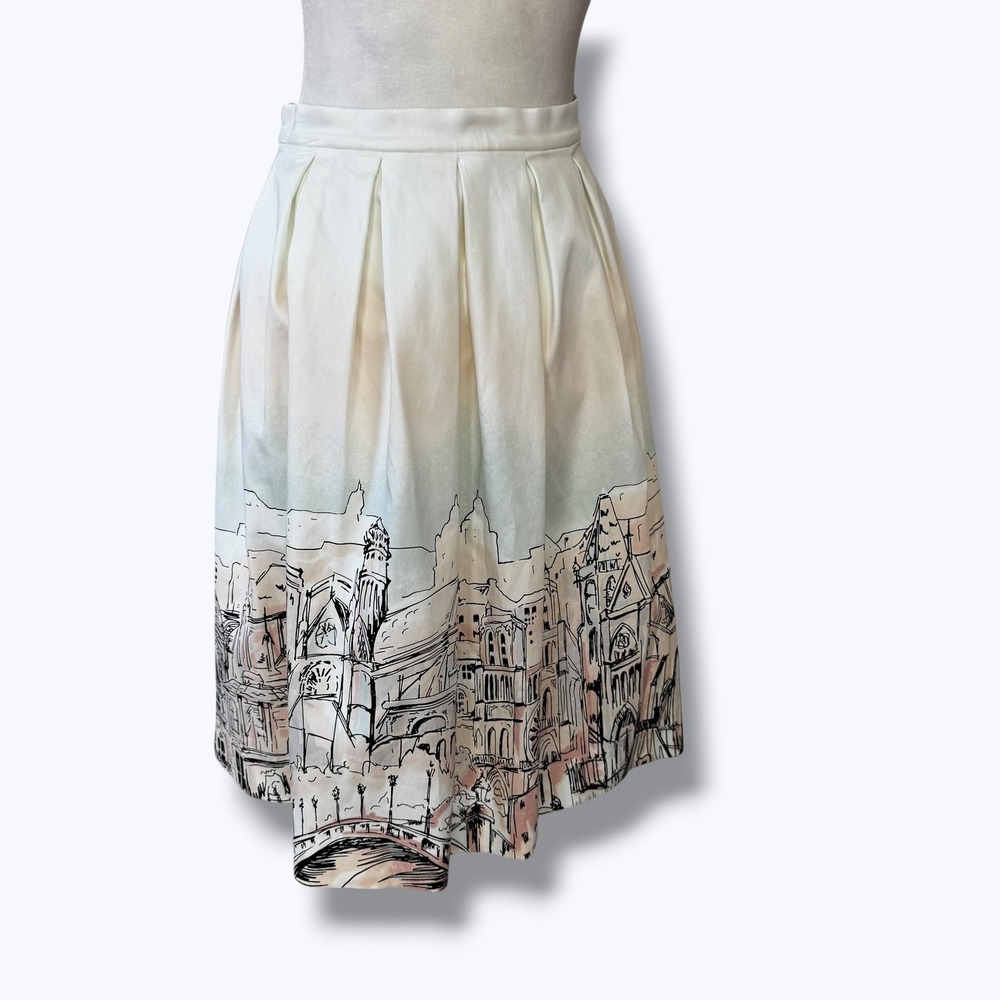 Elle Paris Art Print Midi Skirt 12 Pleated A Line City Scene Graphic Novelty - Picture 13 of 13